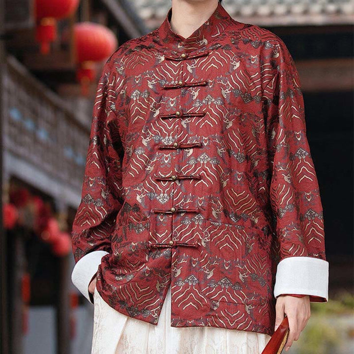 Buddha Stones Printing Floral Pattern Men's Button Design Long Sleeve Shirt With Pockets - Brown - US/UK/AU46,EU56 (5XL) - image 0