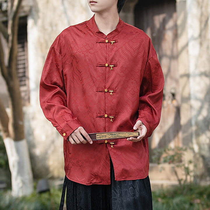 Buddha Stones Chinese Frog-Button Bamboo Shape Design Stand Collar Men's Long Sleeve Shirt - FireBrick - US/UK/AU46,EU56 (5XL) - image 18