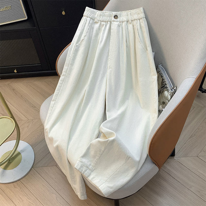 Buddha Stones Plain Elastic Waistband Design Women's Wide Leg Corduroy Cotton Pants With Pockets - Beige - US8-10,UK/AU12-14,EU40-42 (2XL) - image 3