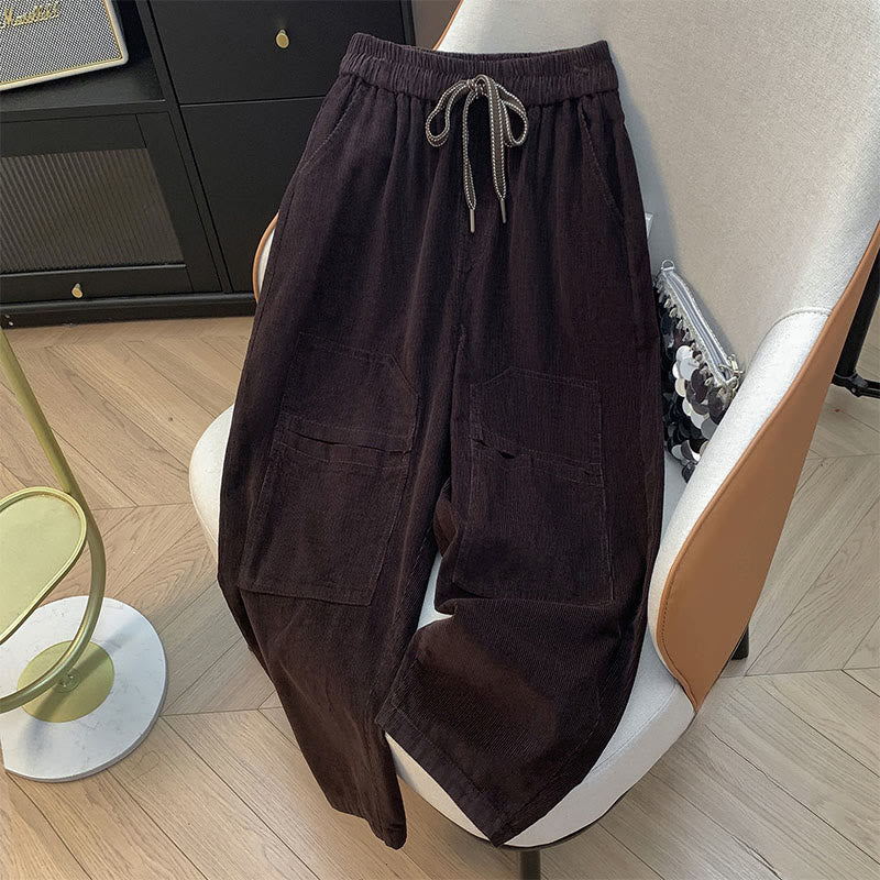 Buddha Stones Women's Fall Pure Color Drawstring Cotton Corduroy Harem Pants With Pockets - Maroon - US8-10,UK/AU12-14,EU40-42 (2XL) - image 0