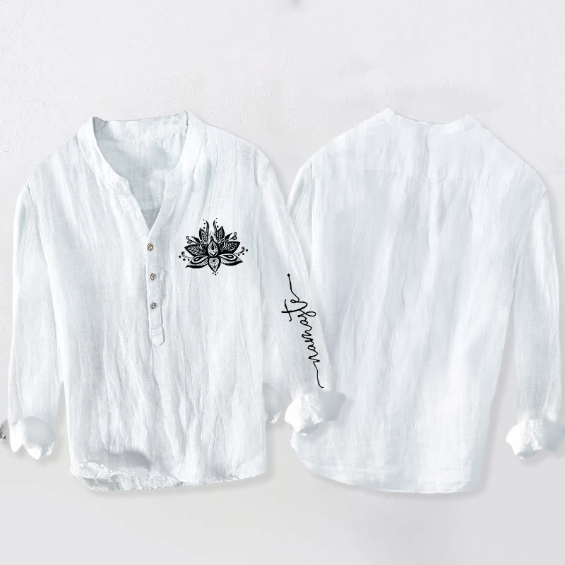 Buddha Stones Lotus Pattern Half Buttons Men's Cotton Linen Long Sleeve Shirt - image 8
