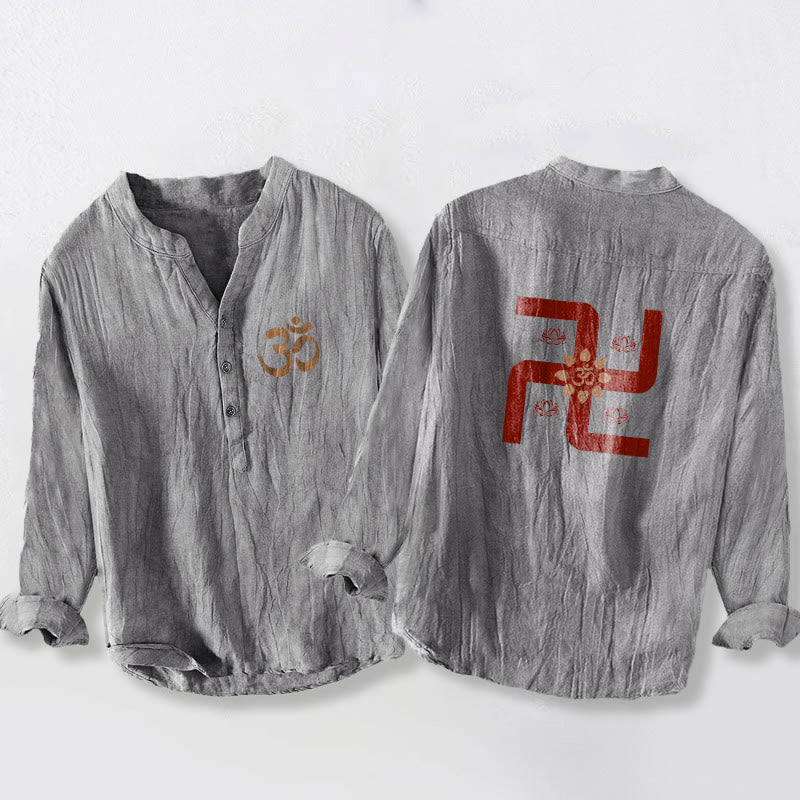 Buddha Stones Half Buttons Lotus Swastika Om Symbol Pattern Men's Cotton Linen Long Sleeve Shirt - Gray - US/UK/AU50,EU60 (5XL) - image 3