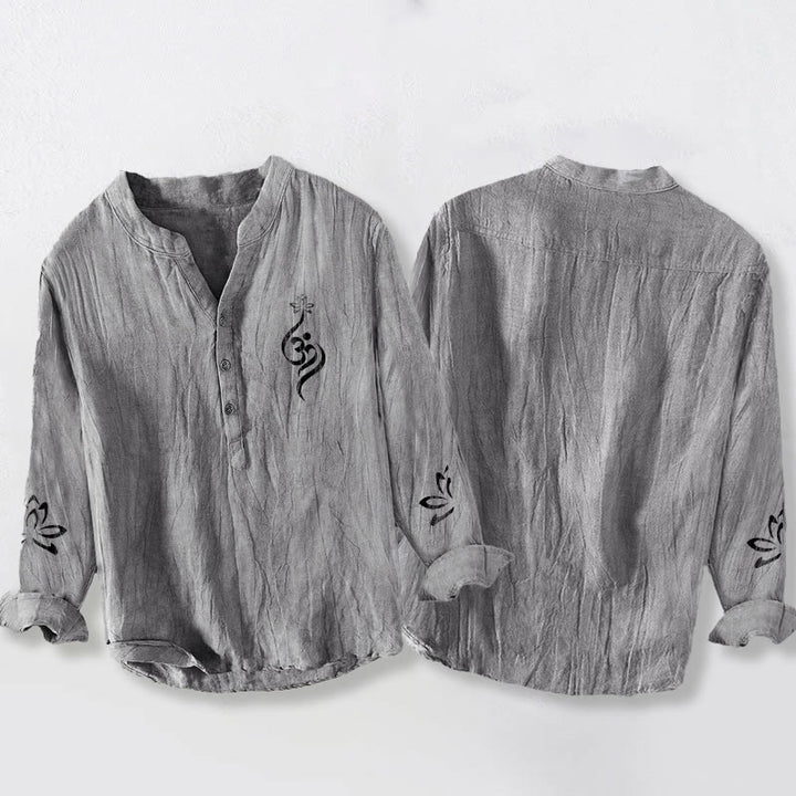 Buddha Stones Half Buttons Lotus Om Symbol Printed Pattern Men's Cotton Linen Long Sleeve Shirt - image 2