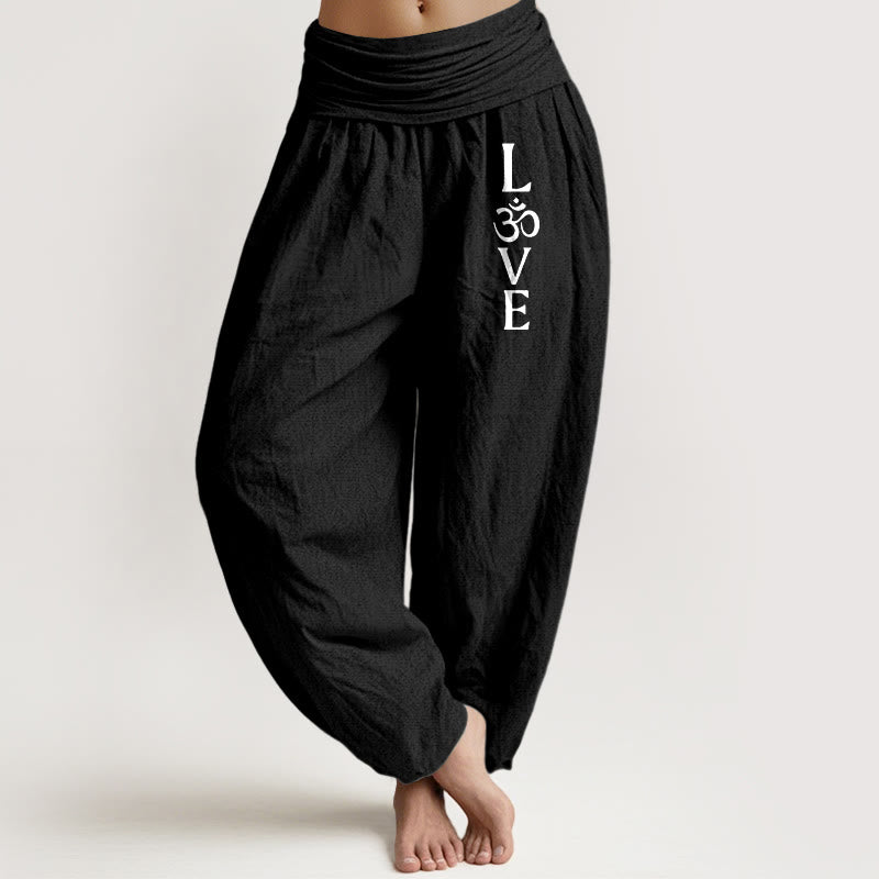 Buddha Stones Plain Om Symbol Pattern Women's Elastic Waist Harem Pure Cotton Pants - Black - US22,UK/AU26,EU54 (6XL) - image 5