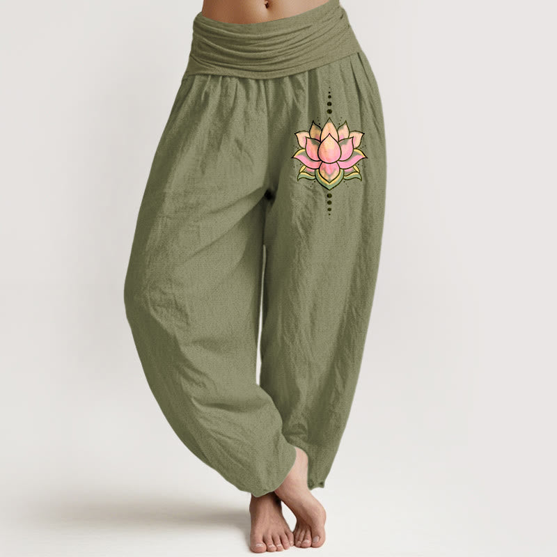 Buddha Stones Pure Cotton Pink Lotus Flower Pattern Women's Elastic Waist Harem Pants - OliveDrab - US22,UK/AU26,EU54 (6XL) - image 14
