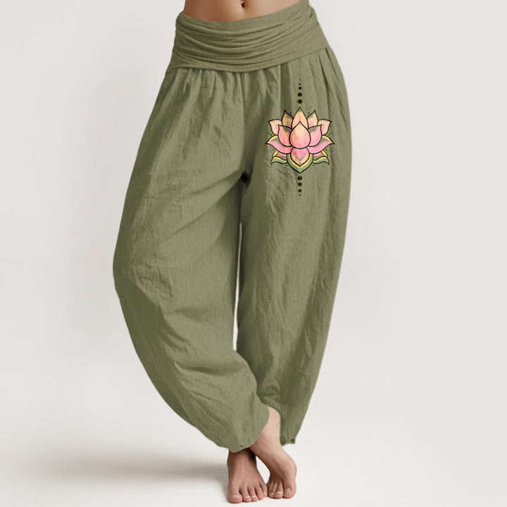 Buddha Stones Pure Cotton Pink Lotus Flower Pattern Women's Elastic Waist Harem Pants - OliveDrab - US22,UK/AU26,EU54 (6XL) - image 14