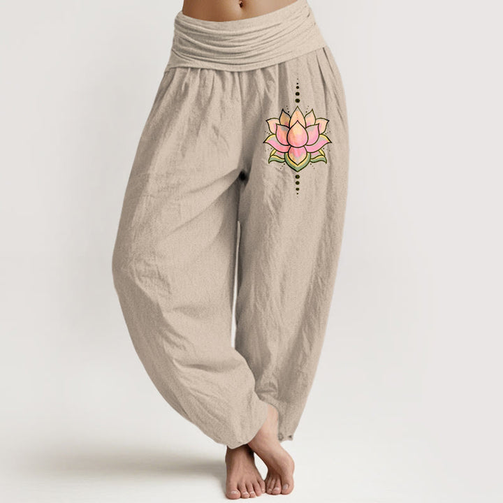 Buddha Stones Pure Cotton Pink Lotus Flower Pattern Women's Elastic Waist Harem Pants - Tan - US22,UK/AU26,EU54 (6XL) - image 0
