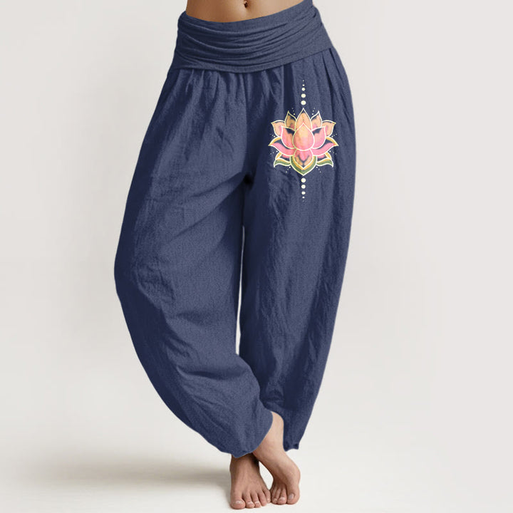 Buddha Stones Pure Cotton Pink Lotus Flower Pattern Women's Elastic Waist Harem Pants - DarkSlateBlue - US22,UK/AU26,EU54 (6XL) - image 8