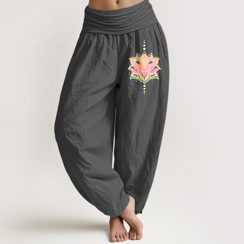 Buddha Stones Pure Cotton Pink Lotus Flower Pattern Women's Elastic Waist Harem Pants - DimGray - US22,UK/AU26,EU54 (6XL) - image 11