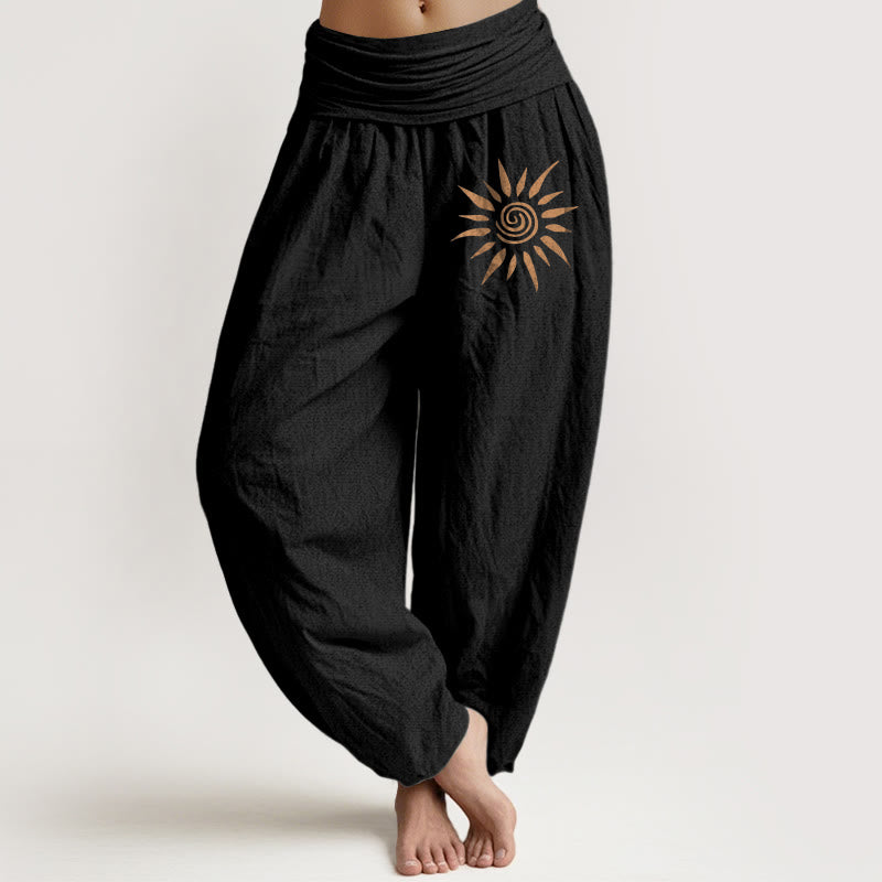 Buddha Stones Spiral Center Sun Pattern Women's Elastic Waist Harem Pure Cotton Pants - Black - US22,UK/AU26,EU54 (6XL) - image 0