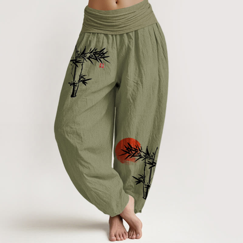 Buddha Stones Bamboo Leaves Red Sun Pattern Women's Elastic Waist Harem Pure Cotton Pants - OliveDrab - US22,UK/AU26,EU54 (6XL) - image 0