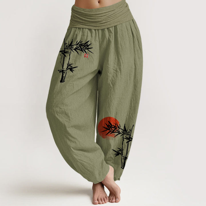 Buddha Stones Bamboo Leaves Red Sun Pattern Women's Elastic Waist Harem Pure Cotton Pants - OliveDrab - US22,UK/AU26,EU54 (6XL) - image 0