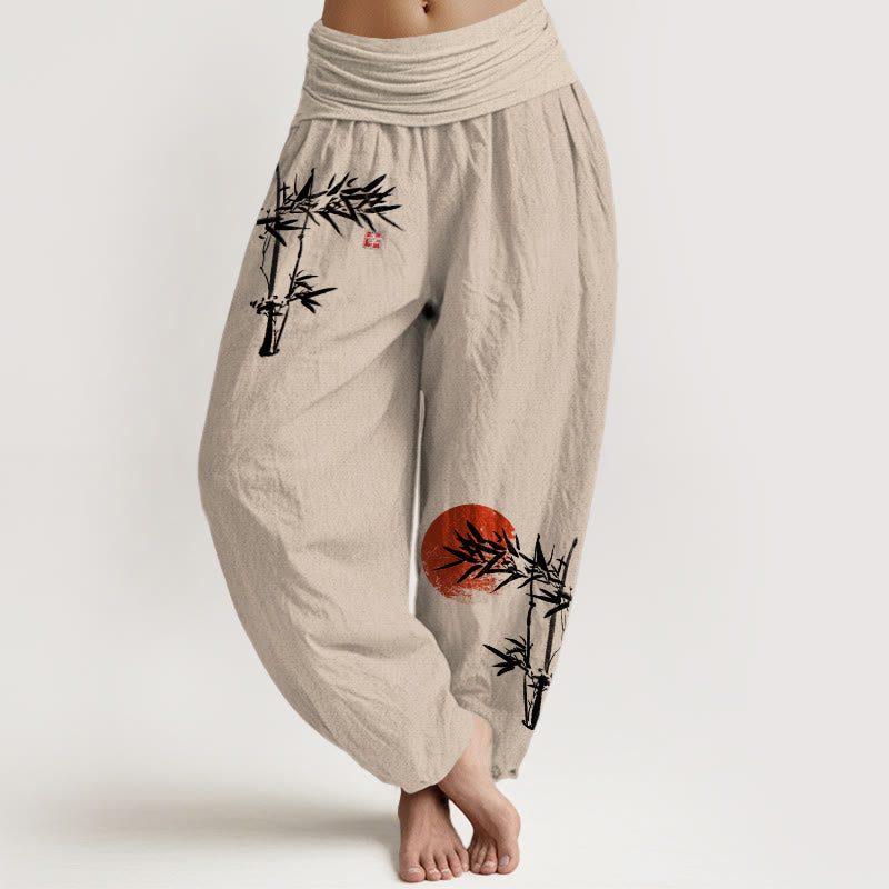 Buddha Stones Bamboo Leaves Red Sun Pattern Women's Elastic Waist Harem Pure Cotton Pants - Tan - US22,UK/AU26,EU54 (6XL) - image 14