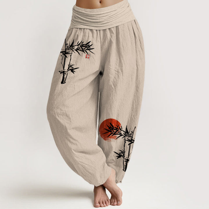 Buddha Stones Bamboo Leaves Red Sun Pattern Women's Elastic Waist Harem Pure Cotton Pants - Tan - US22,UK/AU26,EU54 (6XL) - image 14