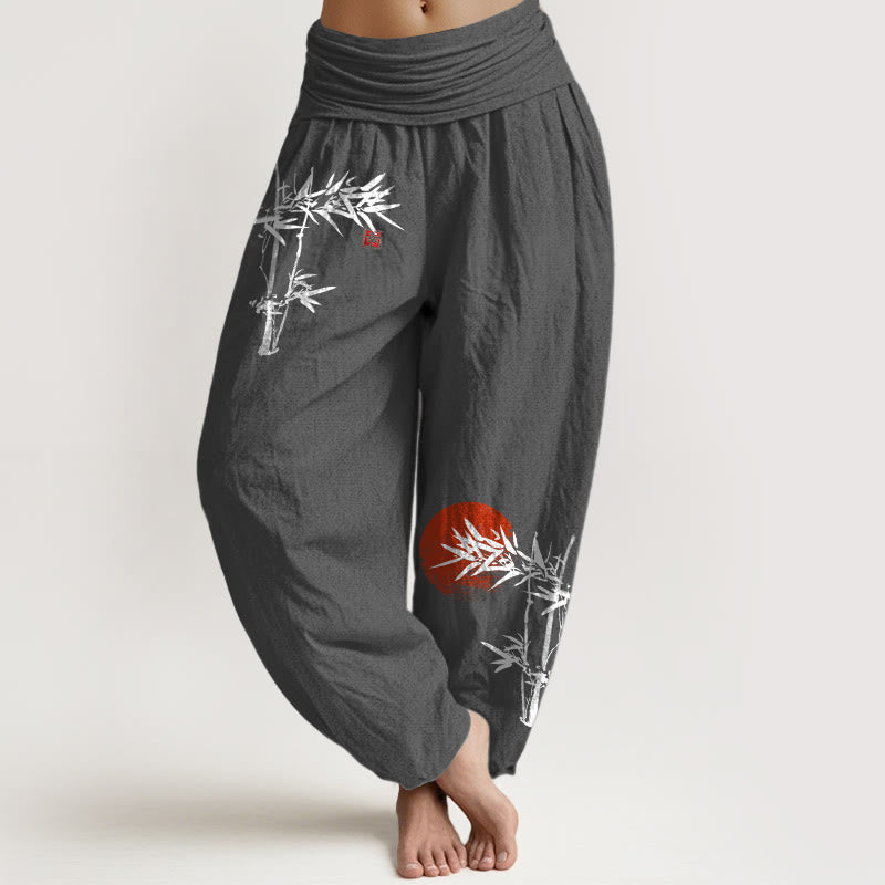 Buddha Stones Bamboo Leaves Red Sun Pattern Women's Elastic Waist Harem Pure Cotton Pants - DimGray - US22,UK/AU26,EU54 (6XL) - image 11