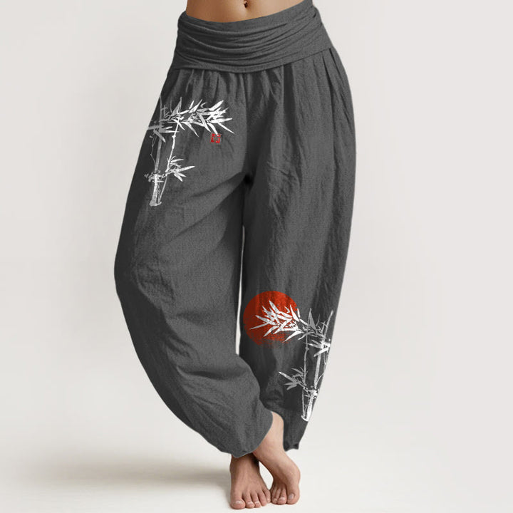 Buddha Stones Bamboo Leaves Red Sun Pattern Women's Elastic Waist Harem Pure Cotton Pants - DimGray - US22,UK/AU26,EU54 (6XL) - image 11
