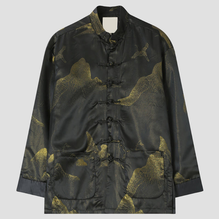 Buddha Stones Cloud-Dyed Golden Mountain Crane Frog-Button Long Sleeve Men's Jacket With Pockets - Black - US/UK/AU44,EU54 (4XL) - image 0