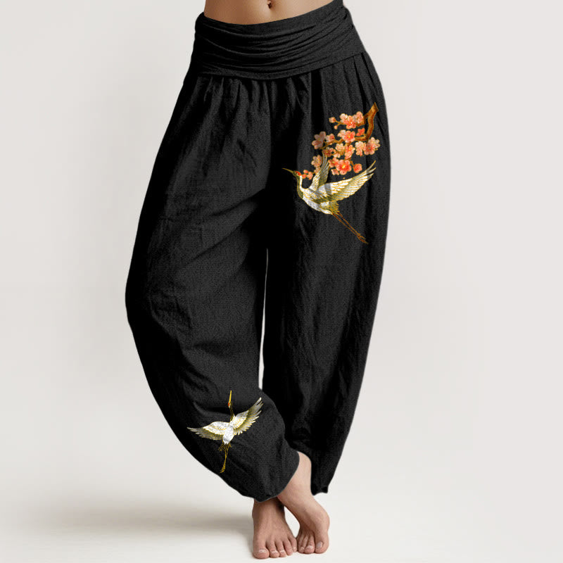 Buddha Stones Plain Crane Peach Blossom Pattern Women's Elastic Waist Harem Pure Cotton Pants - Black - US22,UK/AU26,EU54 (6XL) - image 0