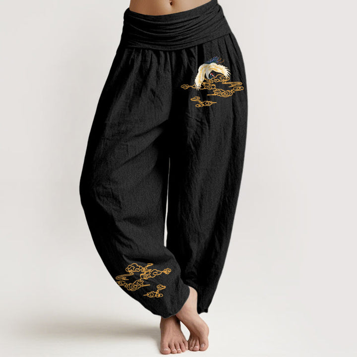 Buddha Stones Plain Crane Auspicious Clouds Pattern Women's Elastic Waist Harem Cotton Pants - Black - US22,UK/AU26,EU54 (6XL) - image 5