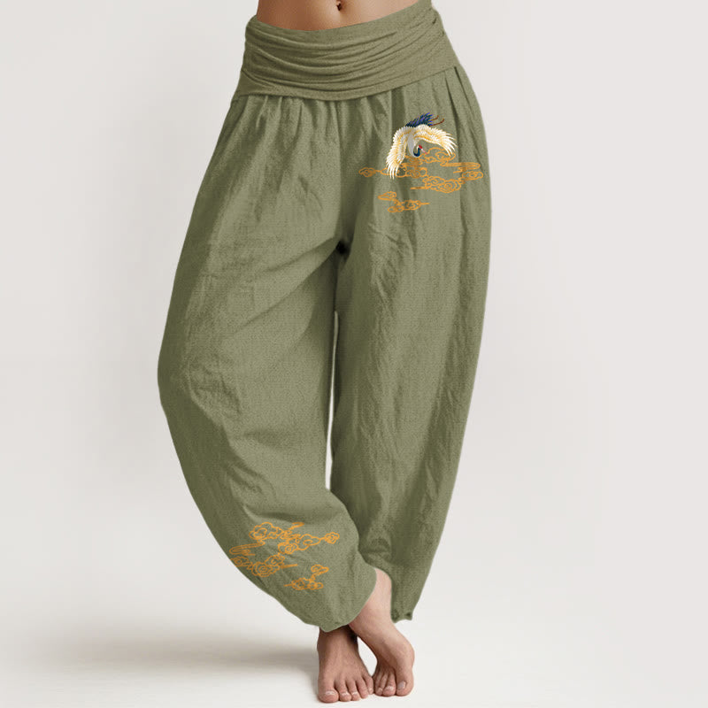 Buddha Stones Plain Crane Auspicious Clouds Pattern Women's Elastic Waist Harem Cotton Pants - OliveDrab - US22,UK/AU26,EU54 (6XL) - image 14