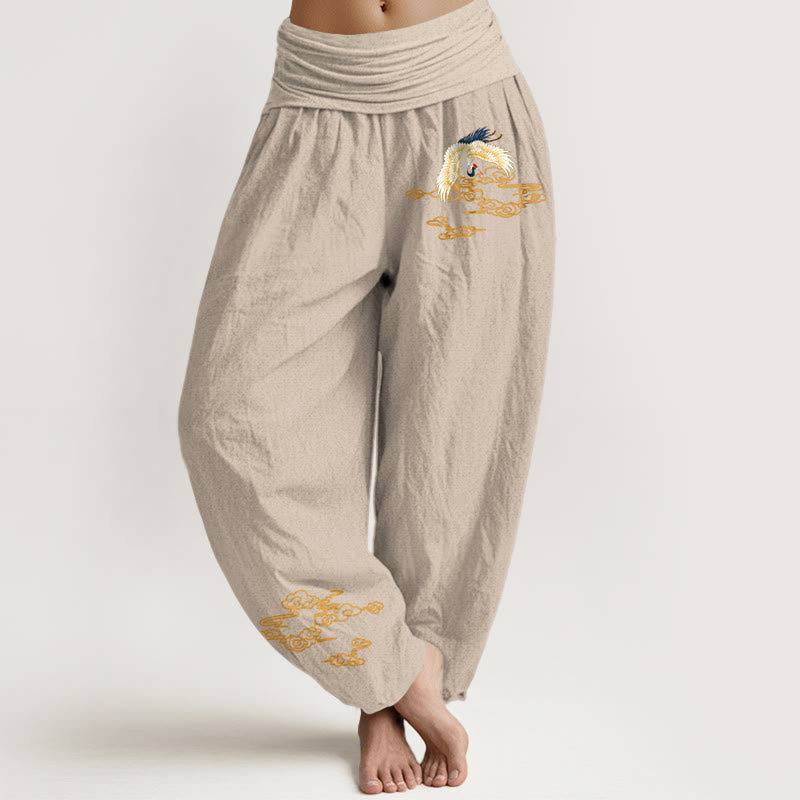 Buddha Stones Plain Crane Auspicious Clouds Pattern Women's Elastic Waist Harem Cotton Pants - Tan - US22,UK/AU26,EU54 (6XL) - image 11
