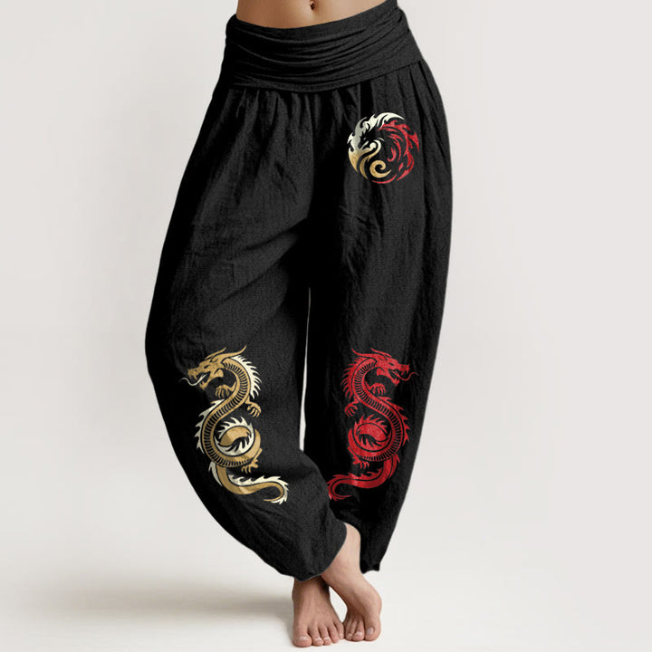 Buddha Stones Pure Cotton Dragon Pattern Women's Elastic Waist Harem Pants - Black - US22,UK/AU26,EU54 (6XL) - image 0