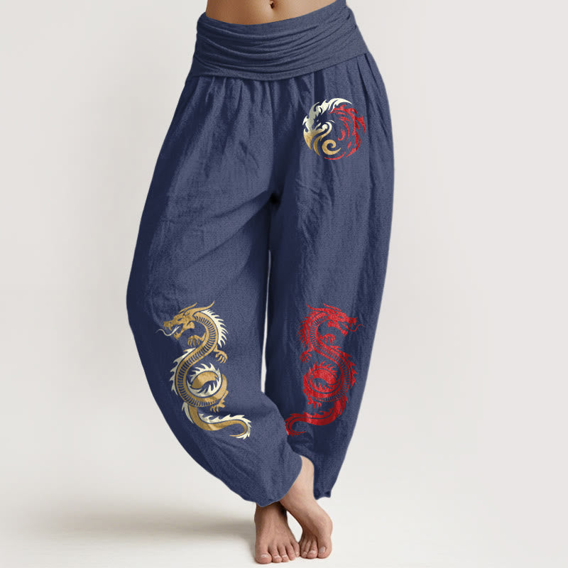 Buddha Stones Pure Cotton Dragon Pattern Women's Elastic Waist Harem Pants - DarkSlateBlue - US22,UK/AU26,EU54 (6XL) - image 5