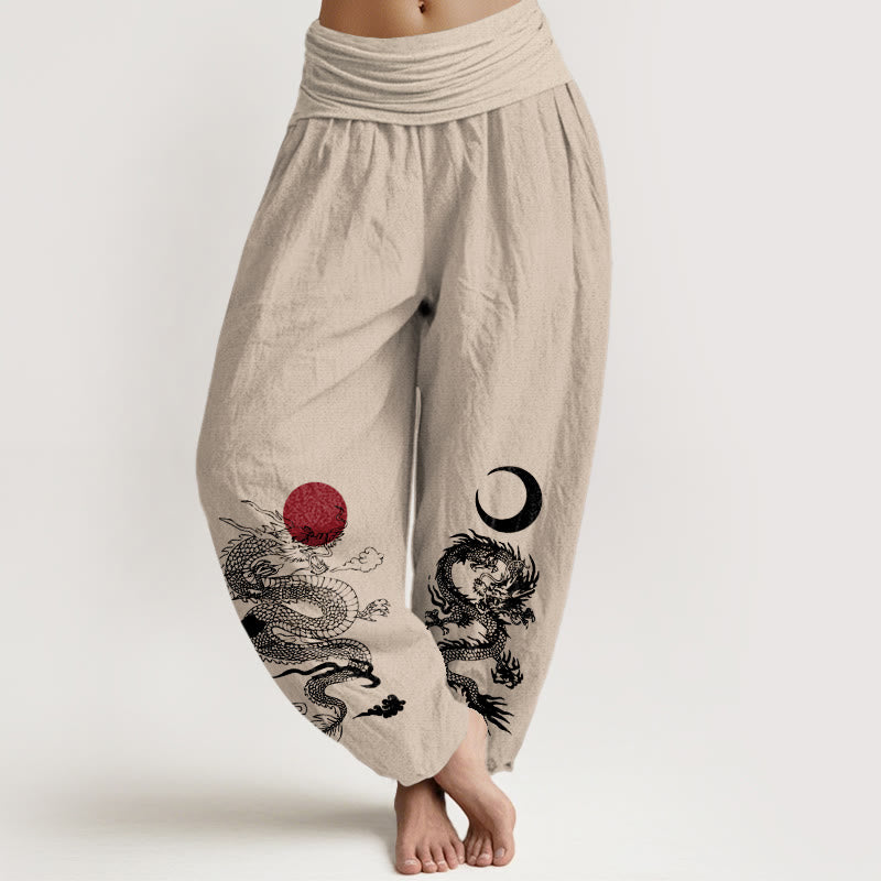 Buddha Stones Pure Cotton Dragon Sun Moon Pattern Women's Elastic Waist Harem Pants - Tan - US22,UK/AU26,EU54 (6XL) - image 11