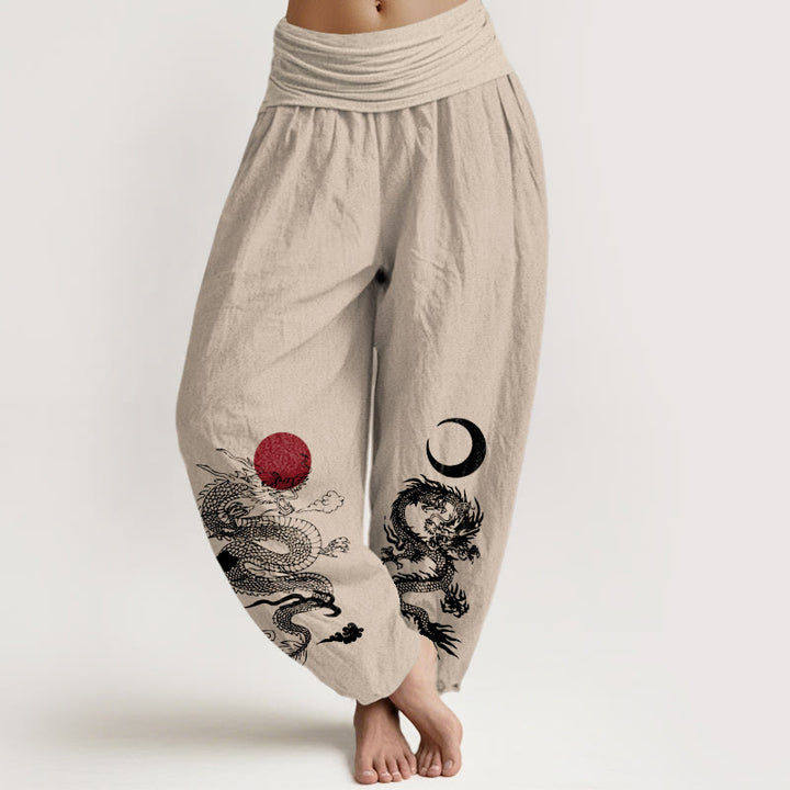 Buddha Stones Pure Cotton Dragon Sun Moon Pattern Women's Elastic Waist Harem Pants - Tan - US22,UK/AU26,EU54 (6XL) - image 11