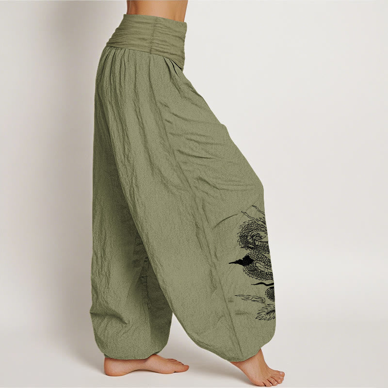 Buddha Stones Pure Cotton Dragon Sun Moon Pattern Women's Elastic Waist Harem Pants - image 15