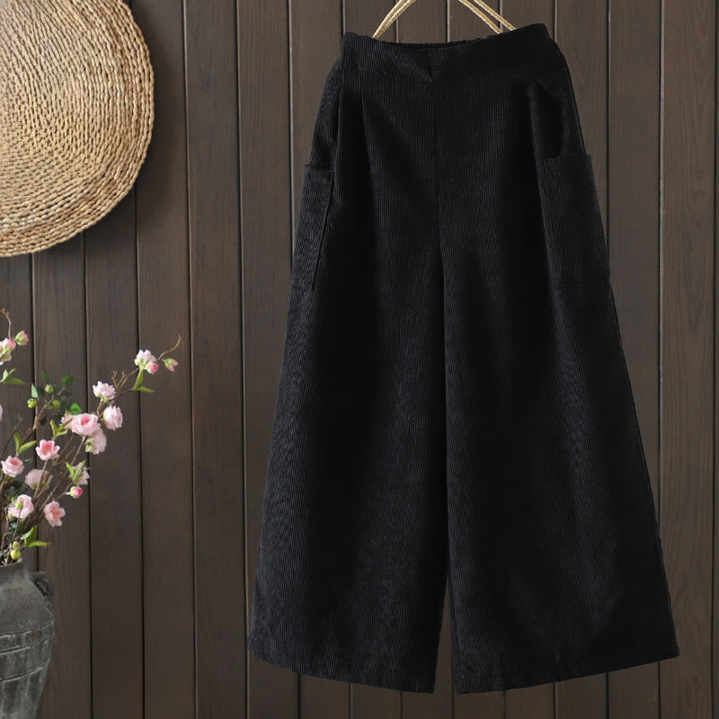 Buddha Stones Fleece-Lined High Waist Women's Wide Leg Corduroy Cotton Pants With Pockets - Black - US8-10,UK/AU12-14,EU40-42 (2XL) - image 10