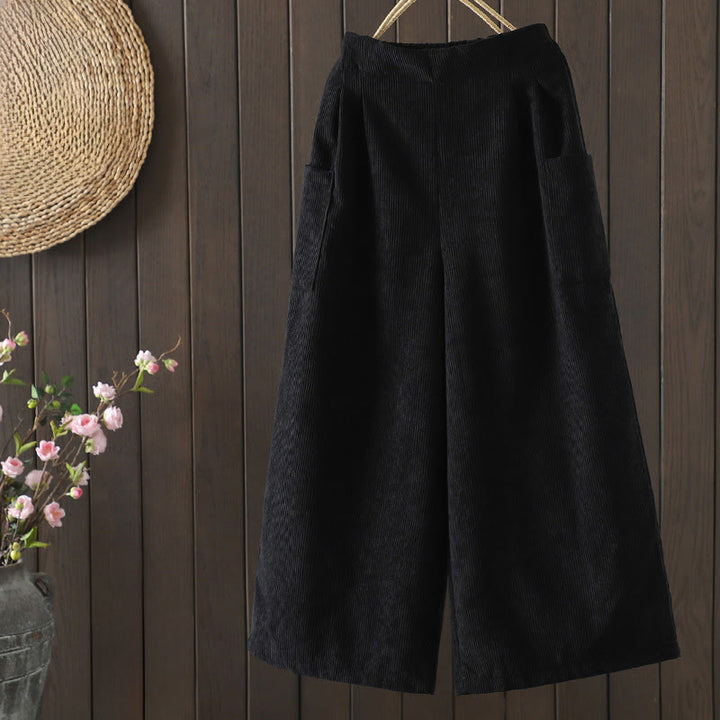 Buddha Stones Fleece-Lined High Waist Women's Wide Leg Corduroy Cotton Pants With Pockets - Black - US8-10,UK/AU12-14,EU40-42 (2XL) - image 10