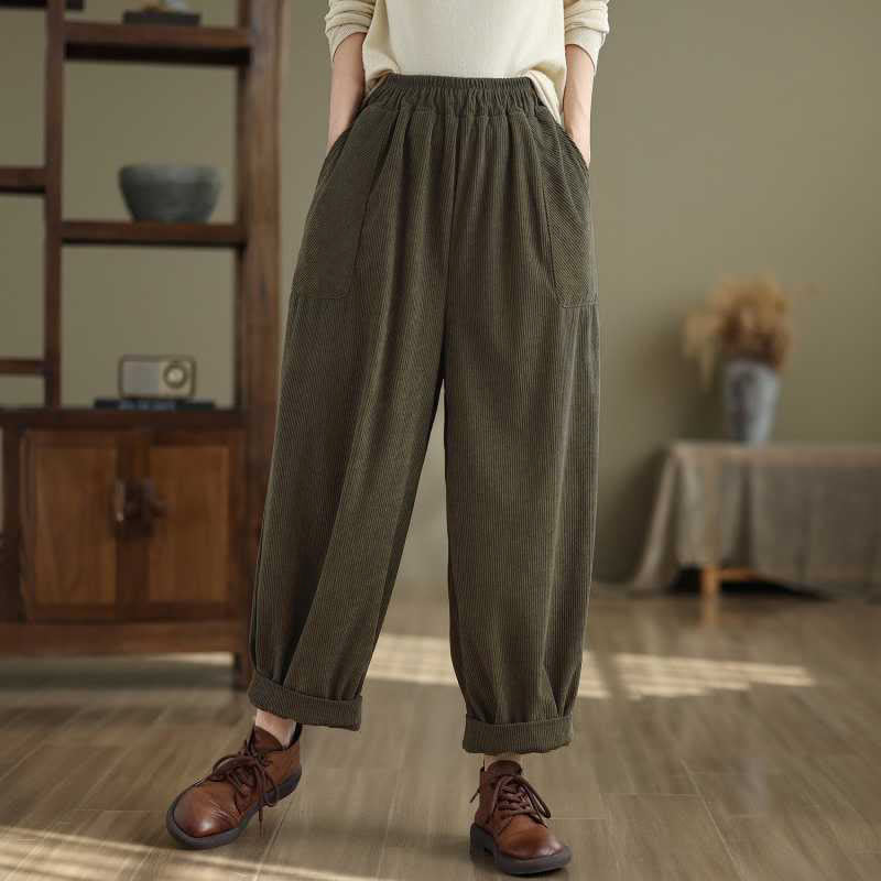 Buddha Stones Winter Solid Color Ankle-Length Simple Design Women's Corduroy Harem Pants With Pockets - DarkGreen	 - US8-10,UK/AU12-14,EU40-42 (2XL) - image 0