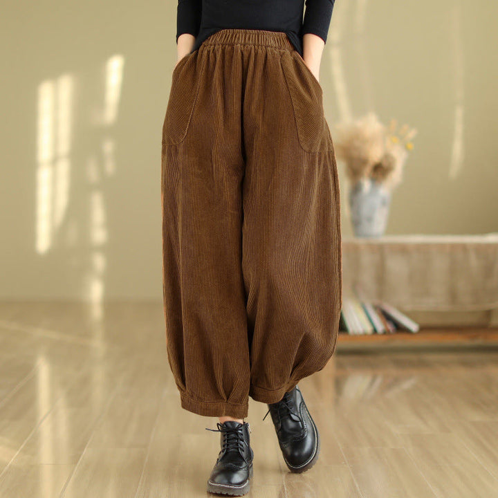 Buddha Stones Plain Elastic Waistband Design Women's Corduroy Harem Pants With Pockets - SaddleBrown - US8-10,UK/AU12-14,EU40-42 (2XL) - image 0