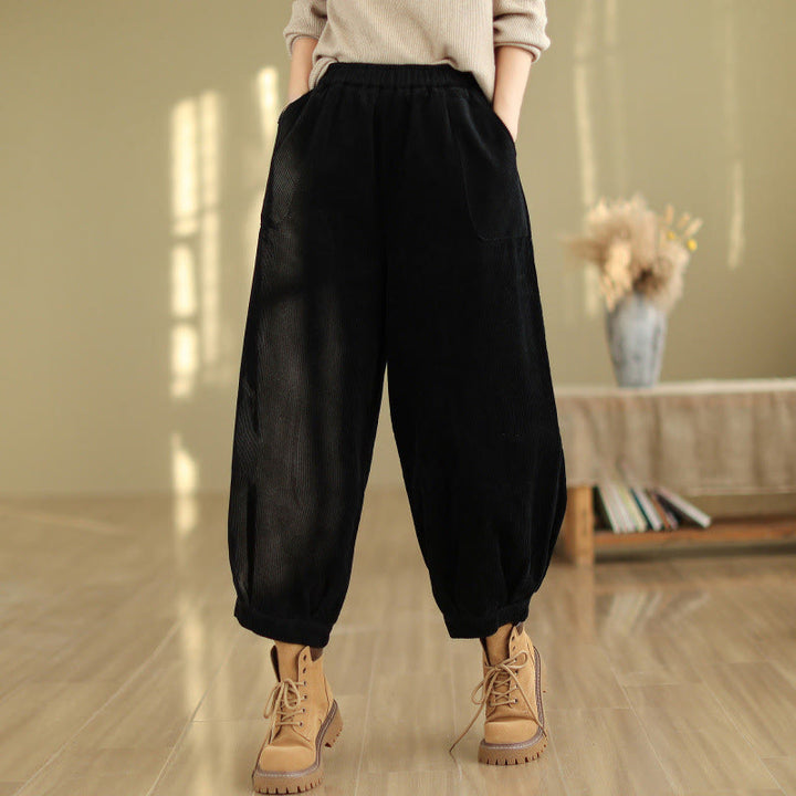 Buddha Stones Plain Elastic Waistband Design Women's Corduroy Harem Pants With Pockets - Black - US8-10,UK/AU12-14,EU40-42 (2XL) - image 6