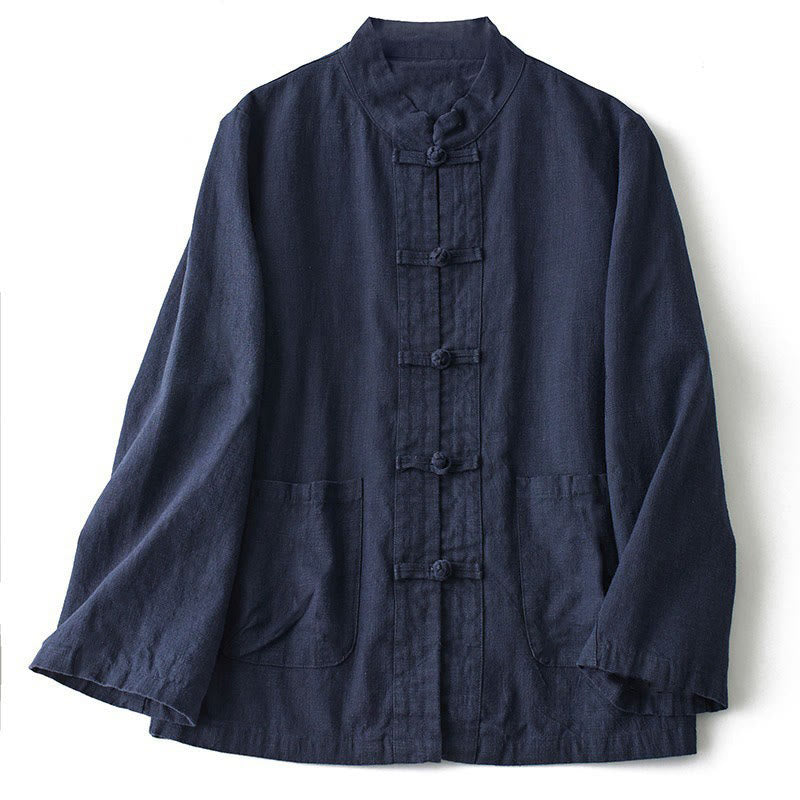 Buddha Stones Ethnic Frog-Button Long Sleeve Stand Collar Women's Cotton Shirt With Pockets - MidnightBlue - US12,UK/AU16,EU44 (2XL) - image 4