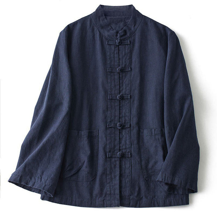 Buddha Stones Ethnic Frog-Button Long Sleeve Stand Collar Women's Cotton Shirt With Pockets - MidnightBlue - US12,UK/AU16,EU44 (2XL) - image 4