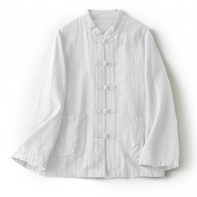 Buddha Stones Ethnic Frog-Button Long Sleeve Stand Collar Women's Cotton Shirt With Pockets - White - US12,UK/AU16,EU44 (2XL) - image 1
