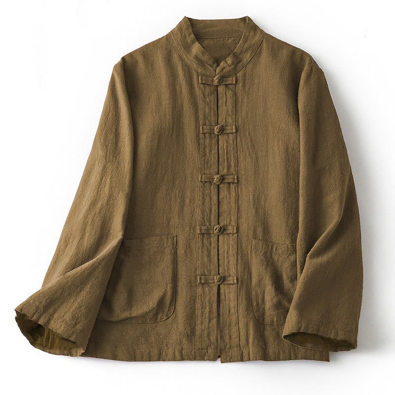 Buddha Stones Ethnic Frog-Button Long Sleeve Stand Collar Women's Cotton Shirt With Pockets - DarkGoldenrod - US12,UK/AU16,EU44 (2XL) - image 0