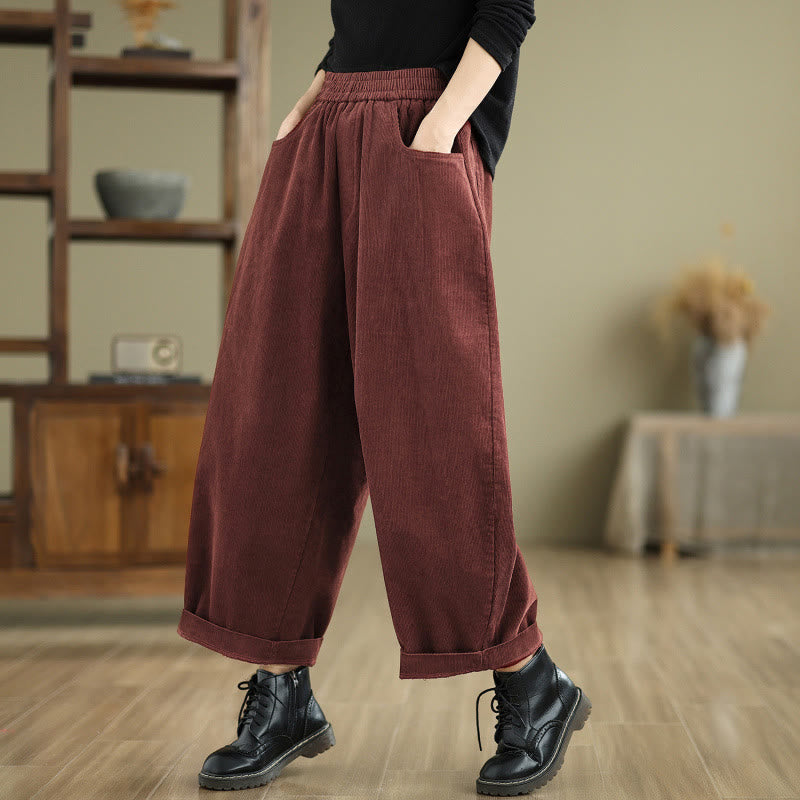Buddha Stones Women's Pure Color Corduroy Clothing Ankle-Length Pants With Pockets - image 1