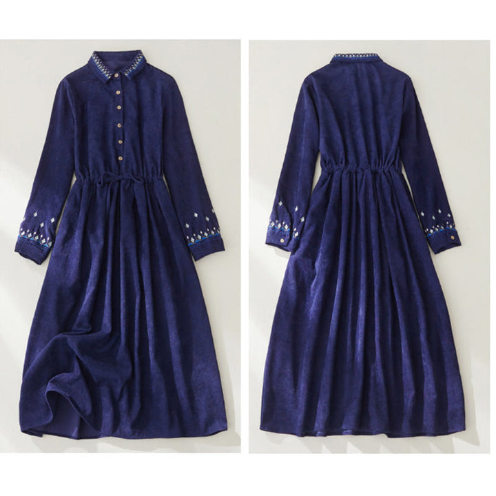 Buddha Stones Embroiderd Floral Pattern Lace -up Design Long Sleeve Midi Dress With Pockets - image 14