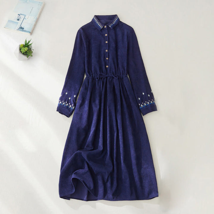 Buddha Stones Embroiderd Floral Pattern Lace -up Design Long Sleeve Midi Dress With Pockets - DarkBlue - US8-10,UK/AU12-14,EU40-42 (2XL) - image 11