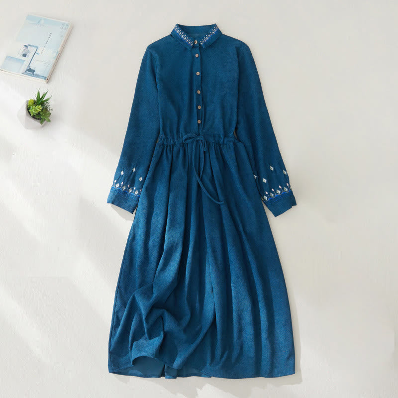 Buddha Stones Embroiderd Floral Pattern Lace -up Design Long Sleeve Midi Dress With Pockets - Teal - US8-10,UK/AU12-14,EU40-42 (2XL) - image 16
