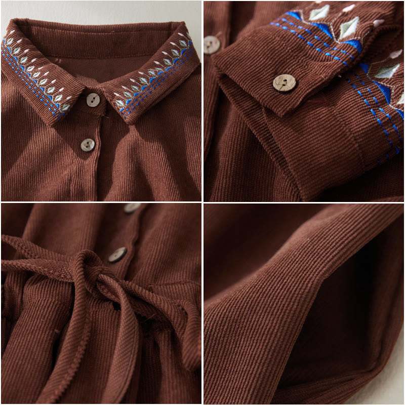 Buddha Stones Embroiderd Floral Pattern Lace -up Design Long Sleeve Midi Dress With Pockets - image 7