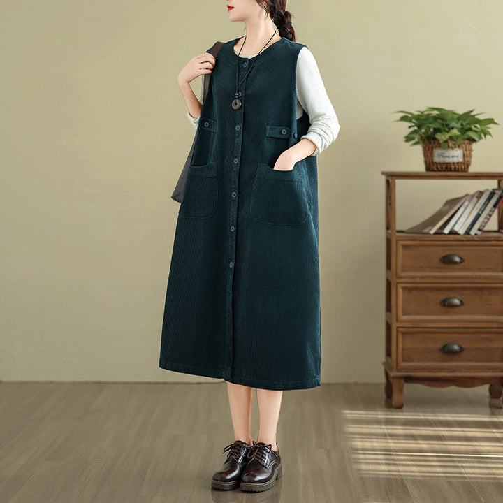 Buddha Stones Pure Colo Buttons Sleeveless Midi Dress With Pockets - image 3