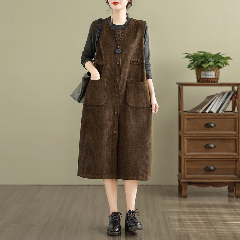 Buddha Stones Pure Colo Buttons Sleeveless Midi Dress With Pockets - image 2