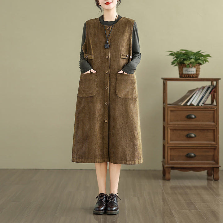 Buddha Stones Pure Colo Buttons Sleeveless Midi Dress With Pockets - image 7