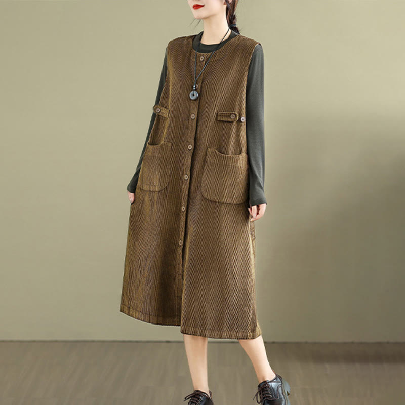 Buddha Stones Pure Colo Buttons Sleeveless Midi Dress With Pockets - image 13