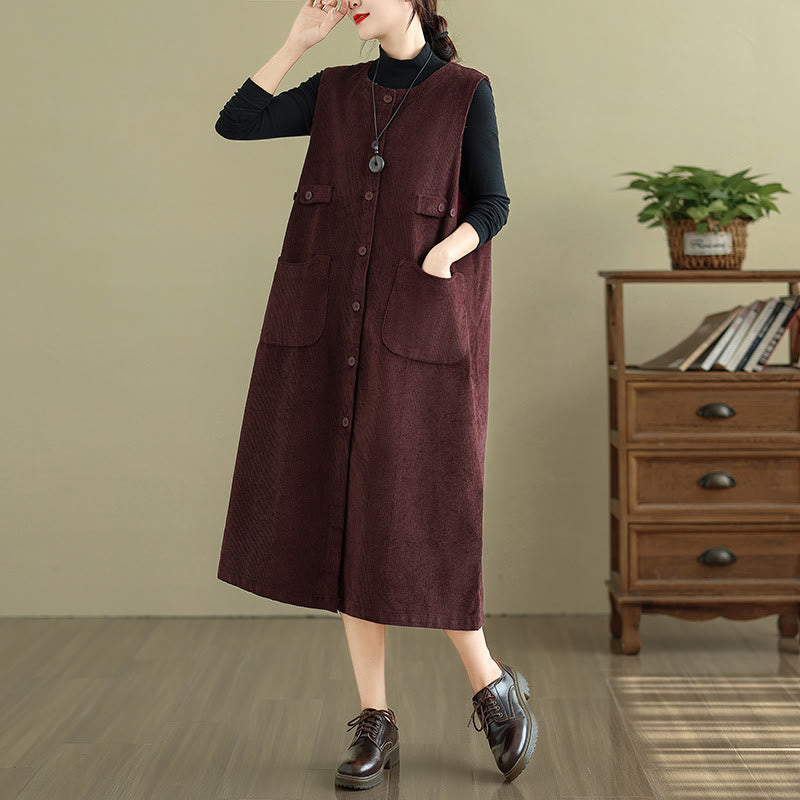 Buddha Stones Pure Colo Buttons Sleeveless Midi Dress With Pockets - image 4
