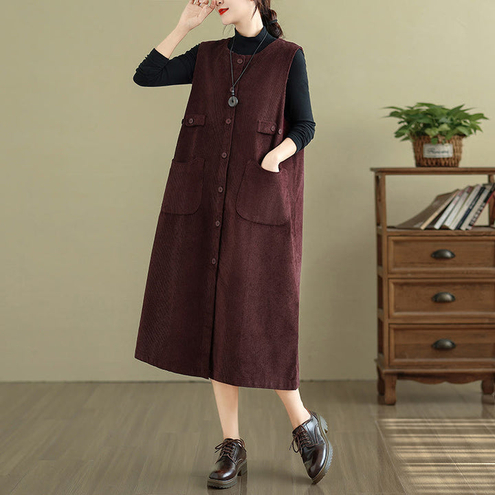 Buddha Stones Pure Colo Buttons Sleeveless Midi Dress With Pockets - image 4